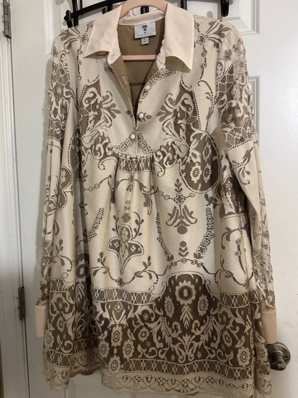 Anna Sui Cream and Taupe Printed Collared Tunic